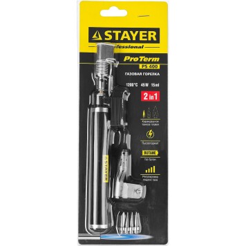 55505-H6 | Газовая горелка, 2в1, пьезоподжиг, регулировка пламени, 4 насадки, 1200С, STAYER PROFESSIONAL-3
