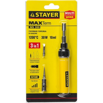55506-H4 | Газовая горелка 3в1, регулировка пламени, 2 насадки, 1200С, STAYER MASTER-3