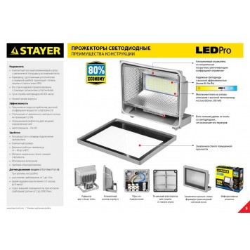 57134-30 | 30 Вт прожектор светодиодный переносной с подставкой, STAYER LED-PRO-3