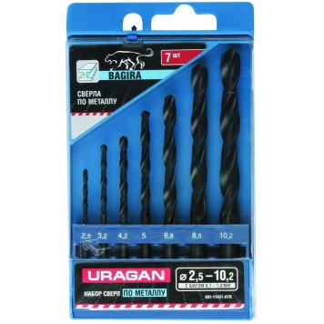 901-11431-H7-R | Набор Свёрла по металлу резьбовой, цилиндрический хвостовик, быстрорежущая сталь HSS, 2,5-10,2мм, 7шт, URAGAN BAGIRA-0