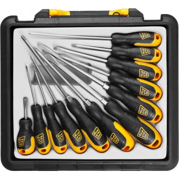 JSD021 | Набор: Отвертки, хромомолибденовая сталь S2, двухкомпонентные рукоятки, магнитный наконечник, 12 предм, в боксе, JCB-0