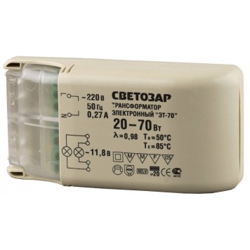 SV-44955 | Трансформатор электронный для галогенных ламп напряжением 12В, 1 вход/2 выхода с одной стороны, 20-70Вт, СВЕТОЗАР-0