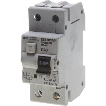 SV-49212-30-40-C | Выключатель дифф. автоматический, 2-полюсный, 40 A, "C", "AC", откл.диф.ток. 30 мА, 230 / 400 В, СВЕТОЗАР ПРЕМИУМ-0