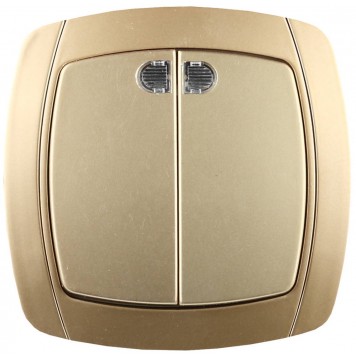 SV-54235-GM | Выключатель двухклавишный в сборе, с подсветкой, цвет золотой металлик, 10А/~250В, СВЕТОЗАР АКЦЕНТ-0