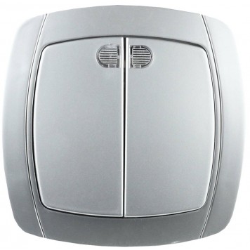 SV-54235-SM | Выключатель двухклавишный в сборе, с подсветкой, цвет серебристый металлик, 10А/~250В, СВЕТОЗАР АКЦЕНТ-0