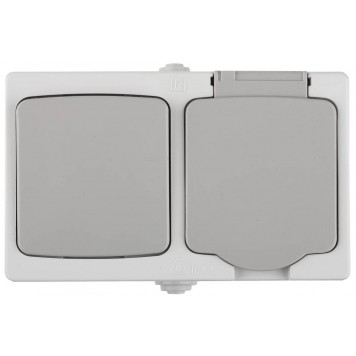SV-54323-W | Комплект розетка с зазем. и защ. крышкой, 16А/~250В, выкл. одноклав. IP44, цвет серо-белый, 10А/~250В, СВЕТОЗАР АВРОРА-0
