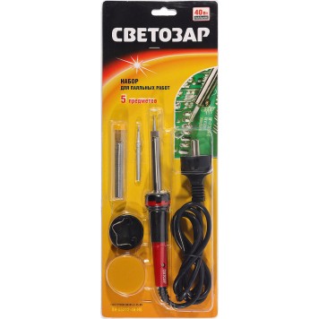 SV-55312-40-H5 | Наб. д/паяльных работ, паяльник SV-55300 + подставка + припой + жало сменное + канифоль, 40Вт, СВЕТОЗАР-1
