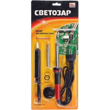 SV-55313-60-H6 | Наб. д/паяльных работ, паяльник SV-55300 + подставка + припой + жало сменное + шприц + насад. на жало, 60Вт, СВЕТОЗАР-1