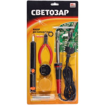SV-55314-60-H8 | Наб. д/паяльных работ, паяльник SV-55300+подстав.+припой+жало сменное+шприц+насад.на жало+канифоль+кусач., 60Вт, СВЕТОЗАР-1