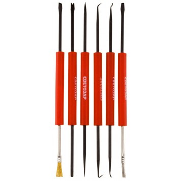 SV-55338-H12 | Набор радиомонтажника 12 в 1 (извлекатель диодов+нож+скребок+2типа держателя+2типа крюков+вилка+2типа шила+2типа кисточек), СВЕТОЗАР-0