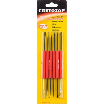 SV-55338-H12 | Набор радиомонтажника 12 в 1 (извлекатель диодов+нож+скребок+2типа держателя+2типа крюков+вилка+2типа шила+2типа кисточек), СВЕТОЗАР-1