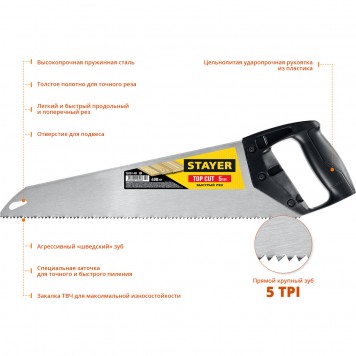 15061-40_z02 | Ножовка ударопрочная (пила) 400 мм, 5 TPI, быстрый рез поперек волокон, для крупных и средних заготовок, STAYER TOPCUT-1