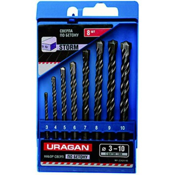 901-22424-H8 | Набор Свёрла по бетону, ударные, шестигранный хвостовик, 3; 4; 5; 6; 7; 8; 9; 10мм, 8шт, URAGAN STORM-0