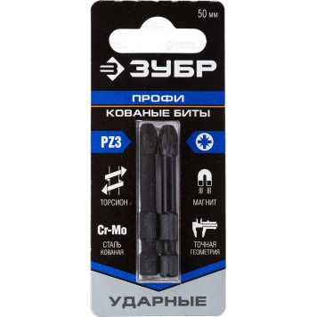 26023-3-50-S2 | Биты, тип хвостовика E 1/4", PZ3, 50мм, 2шт, на карточке, ЗУБР ПРОФЕССИОНАЛ-0