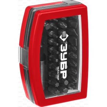 26393-H32 | Набор: Биты "МХ-32", CR-V, в компактном боксе с эластичными противоударными, противоскользящими вставками, магнитный адаптер с фиксатором, ЗУБР МАСТЕР-0