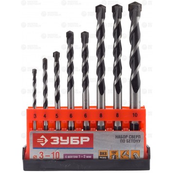 2916-H8 | Набор Свёрла по бетону, ударные, с шестигранным хвостовиком, 3; 4; 5; 6; 7; 8; 9; 10мм, 8шт, Супер-6, ЗУБР ПРОФЕССИОНАЛ-0