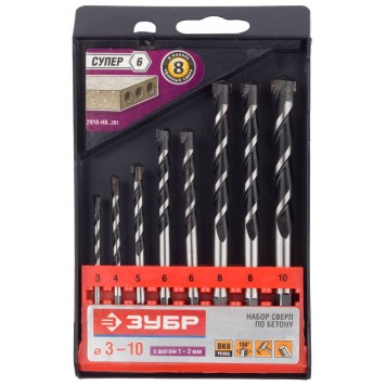 2916-H8 | Набор Свёрла по бетону, ударные, с шестигранным хвостовиком, 3; 4; 5; 6; 7; 8; 9; 10мм, 8шт, Супер-6, ЗУБР ПРОФЕССИОНАЛ-1