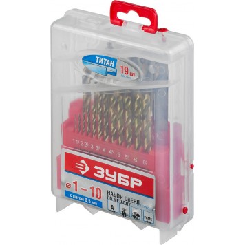 29617-H19 | Набор сверл по металлу 19 шт (d=1-10 мм), сталь Р6М5, класс А, Титан, ЗУБР ЭКСПЕРТ-2