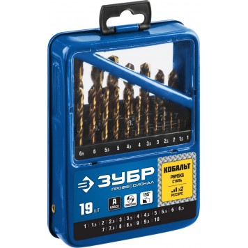29626-H19 | Набор сверл по металлу 19 шт (d=1-10 мм),, сталь Р6М5К5, класс А, Кобальт, ЗУБР ПРОФЕССИОНАЛ-3