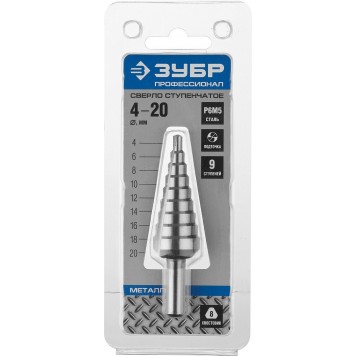 29670-4-20-9 | Сверло ступенчатое по сталям и цвет.мет.ст.Р6М5,d 4-20мм, 9ступ.d 4-20, L-75 мм,трехгран. хвост. 8мм, ЗУБР ПРОФЕССИОНАЛ-4