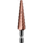 Сверло ступен. по сталям и цвет.мет.ст.Р6М5 с.покрыт., d 4-12мм,9ст.d4-12,L- 65мм, 6-тигр.хв.1/4", Кобальт, ЗУБР 29672-4-12-9