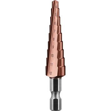 29672-4-12-9 | Сверло ступен. по сталям и цвет.мет.ст.Р6М5 с.покрыт., d 4-12мм,9ст.d4-12,L- 65мм, 6-тигр.хв.1/4", Кобальт, ЗУБР ПРОФЕССИОНАЛ-1