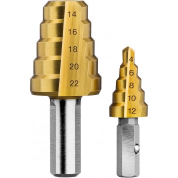 29673-4-22 | Сверло ступенчатое 2-х модульное по сталям и цвет. мет., ст. Р6М5 с покрытием TiN, 4-22(4-12, 14-22), 10 ступ., трехгран. хв., ЗУБР ПРОФЕССИОНАЛ-1