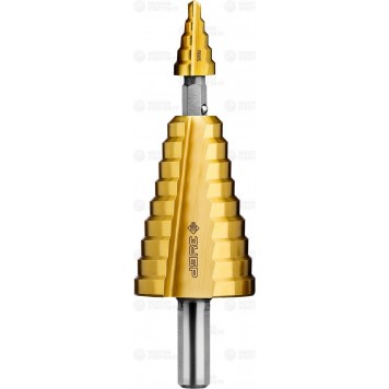 29673-4-35 | Сверло ступенчатое 2-х модульное по сталям и цвет. мет., ст. Р6М5 с покрытием TiN, 4-35(4-12, 16-35), 14 ступ., трехгран. хв., ЗУБР ПРОФЕССИОНАЛ-0