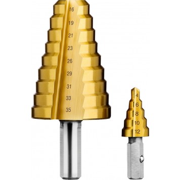 29673-4-35 | Сверло ступенчатое 2-х модульное по сталям и цвет. мет., ст. Р6М5 с покрытием TiN, 4-35(4-12, 16-35), 14 ступ., трехгран. хв., ЗУБР ПРОФЕССИОНАЛ-1