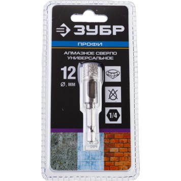 29865-12 | Cверло алмазное универсальное, технология ВВС, d=12 мм, хвостовик HEX 1/4", ЗУБР ПРОФЕССИОНАЛ-4