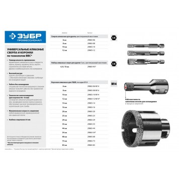 29865-25 | Коронка алмазная универсальная, технология ВВС, d=25 мм, посадка М14, ЗУБР ПРОФЕССИОНАЛ-3