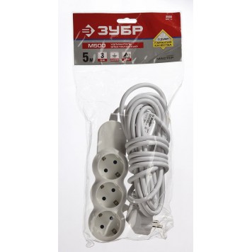55038-5 | Удлинитель электрический, ПВС сечение 1кв мм, заземление, 3 гнезда, макс мощн 3500Вт, 5м, ЗУБР МАСТЕР-1