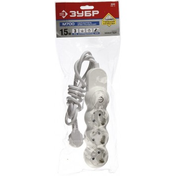 55039-1.5 | Удлинитель электрический, ПВС сечение 1кв мм, выкл, заземл, защитная шторка, 3 гнезда, макс мощн 3500Вт, 1,5м, ЗУБР МАСТЕР-1