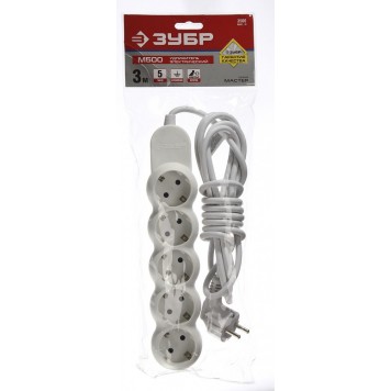 55058-3 | Удлинитель электрический, ПВС сечение 1кв мм, заземл, 5 гнезд, макс мощн 3500Вт, 3м, ЗУБР МАСТЕР-1