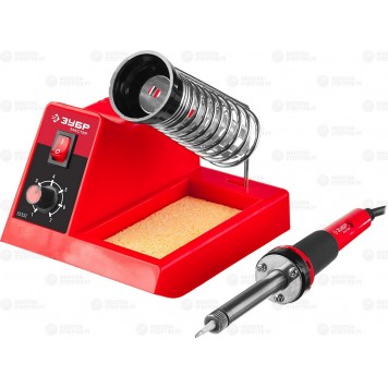 55332 | Паяльная станция аналоговая, диапазон 100-450°C, с подставкой под паяльник, 2-х компонентная рукоятка, 48Вт, ЗУБР МАСТЕР-0