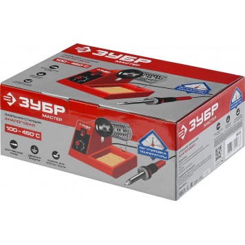 55332 | Паяльная станция аналоговая, диапазон 100-450°C, с подставкой под паяльник, 2-х компонентная рукоятка, 48Вт, ЗУБР МАСТЕР-4