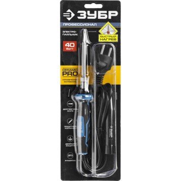 55413-40 | Паяльник с двухкомпонентной рукояткой, с защитным колпачком, керамическим нагревательным элементом, 40Вт, конус, ЗУБР ПРОФЕССИОНАЛ-1