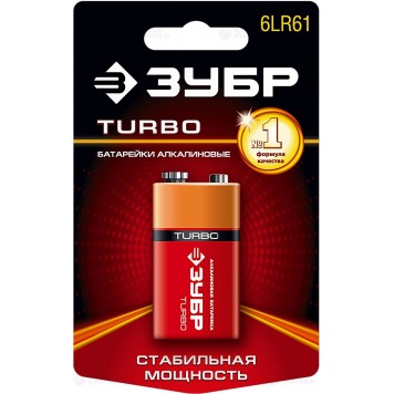 59219 | Щелочная батарейка 9 В, тип 6LR61 (крона), 1 шт, ЗУБР TURBO-0