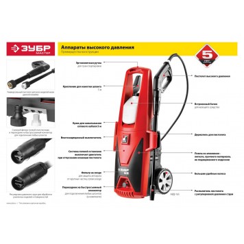 АВД-165 | Мойка высокого давления (минимойка) электр ,макс. 165Атм,396л/ч,2400Вт,колеса,бачок для средства,АКВА-СТОП,5м шланг,пистолет 375, ЗУБР МАСТЕР-11