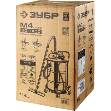 ПУ-60-1400 М4 | Пылесос строительный, модель М4-60, 60 л, 1400 Вт, сухая и влажная уборка, корпус из нержав. стали, розетка до 2000 Вт, ЗУБР МАСТЕР-16