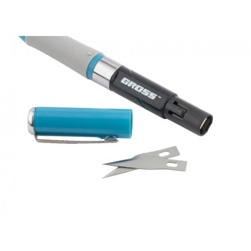 78885 | Нож для дизайна, выдвижное перовое лезвие, двухкомпонентная рукоятка, металлическая клипса для фиксации, 150 мм, 2 заточенных лезвия, GROSS-2