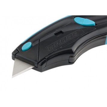 78870 | Нож, ремонтно-монтажный, трехкомпонентная рукоятка, авто выброс, возврат лезвия, пистолетного типа, 170 мм, 5 запасных лезвия, GROSS-2