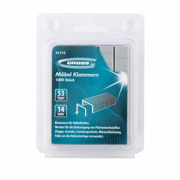 41714 | Скобы, 14 мм, для мебельного степлера, усиленные, тип 53, 1000 шт, GROSS-1