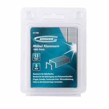 41708 | Скобы, 8 мм, для мебельного степлера, усиленные, тип 53, 1000 шт, GROSS-1