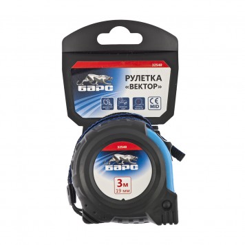 32540 | Рулетка Вектор 3 м х 19 мм, утолщенное полотно, магнитный зацеп, обрезиненный корпус, БАРС-3