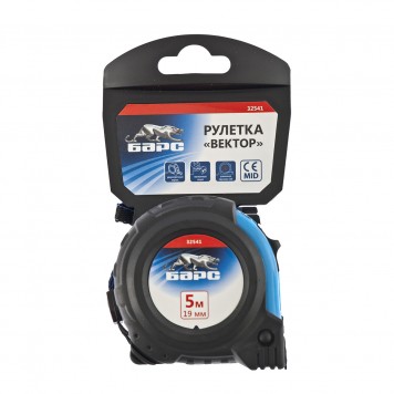 32541 | Рулетка Вектор 5 м х 19 мм, утолщенное полотно, магнитный зацеп, обрезиненный корпус, БАРС-3
