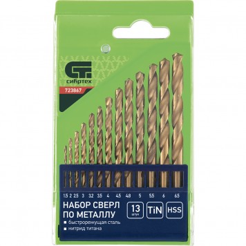 723867 | Набор нитридтитановых сверл по металлу, 1,5-6,5 мм. (через 0,5 мм.+3,2 мм, 4,8 мм.), НSS, 13 шт, СИБРТЕХ-0