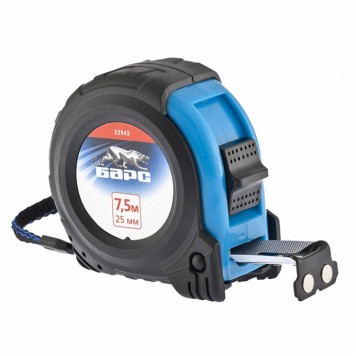 32543 | Рулетка Вектор 7,5 м х 25 мм, утолщенное полотно, магнитный зацеп, обрезиненный корпус, БАРС-0