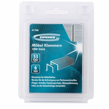 41706 | Скобы, 6 мм, для мебельного степлера усиленные, тип 53, 1000 шт, GROSS-1