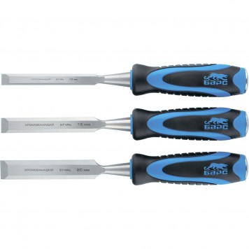 24450 | Набор долот-стамесок плоских, 3 шт, 12-16-20 мм, двухкомпонентная рукоятка, металлический затыльник, БАРС-0